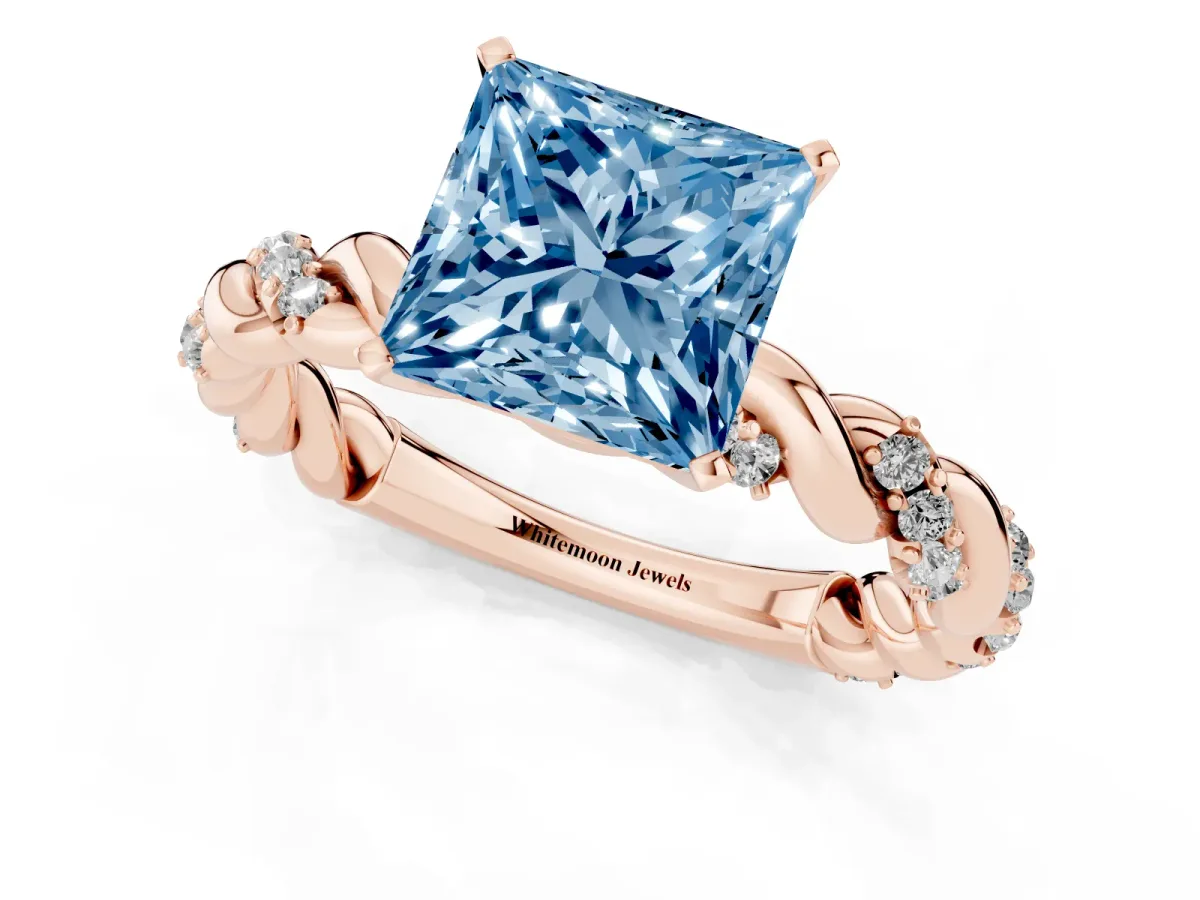 Fancy Blue Princess Cut Diamond Solitaire Ring with Twisted Band and Pavé Accents Rose gold