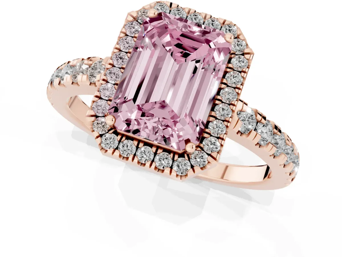 Fancy Pink Emerald Cut Diamond Halo Ring with Pavé Band and Four-Prong Setting Rose gold