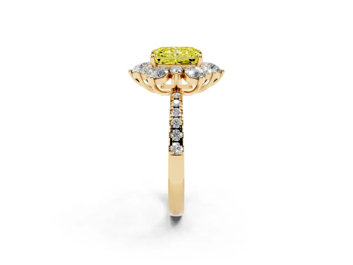 Fancy Yellow Radiant Cut Diamond Floral Halo Ring with Round Pavé Band and Prong Setting Yellow gold