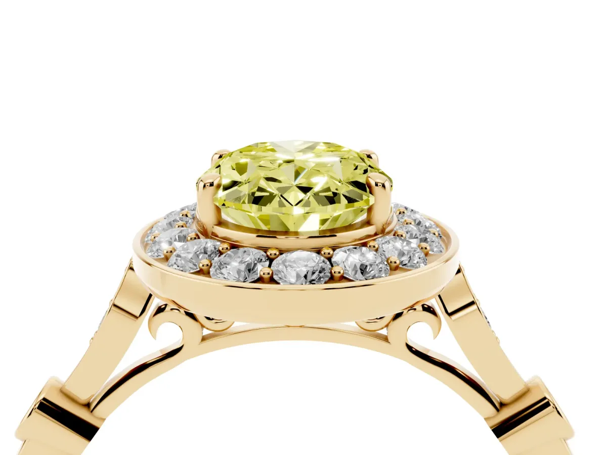 Fancy Yellow Oval Cut Halo Diamond Engagement Ring with Twisted Band and Four-Prong Setting Yellow gold