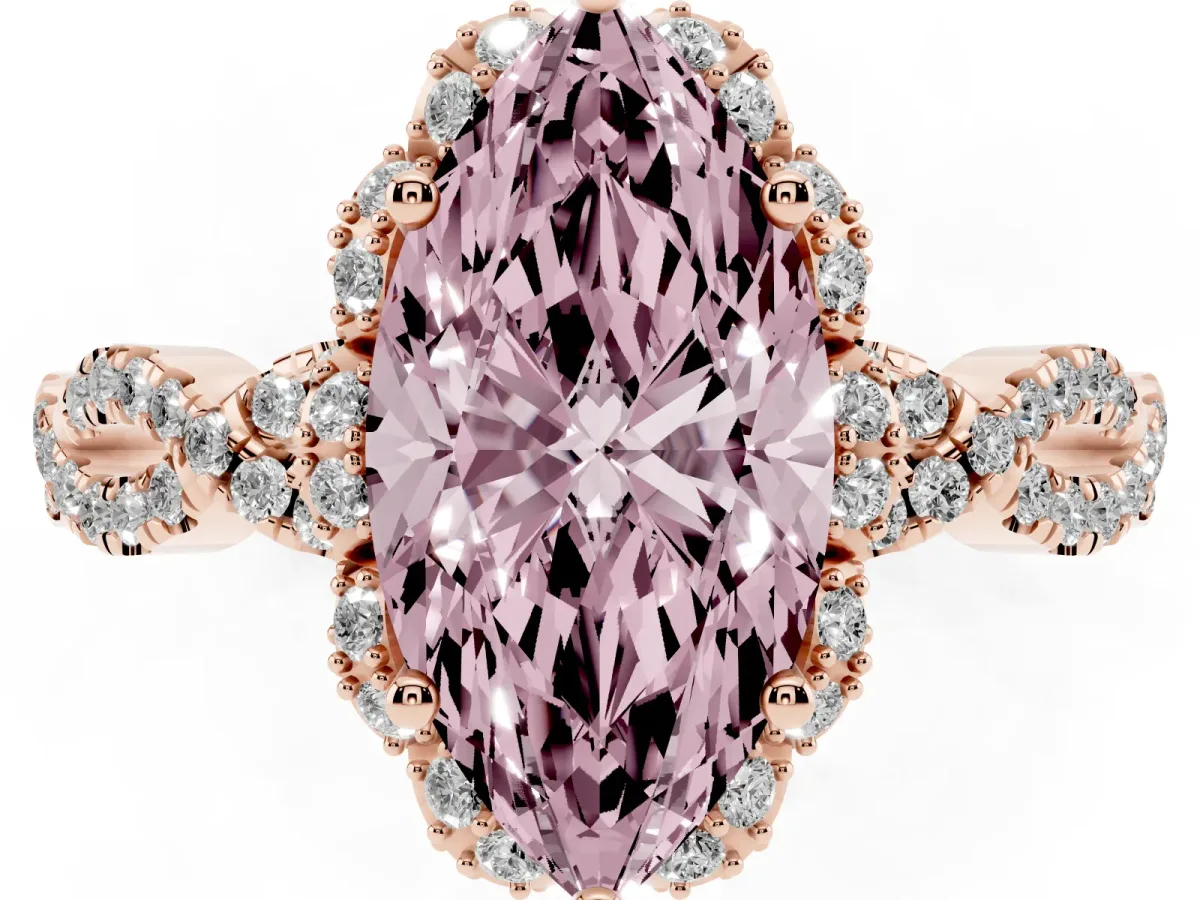 Fancy Pink Marquise Cut Halo Twist Band Solitaire Ring with Six-Prong Setting Rose gold