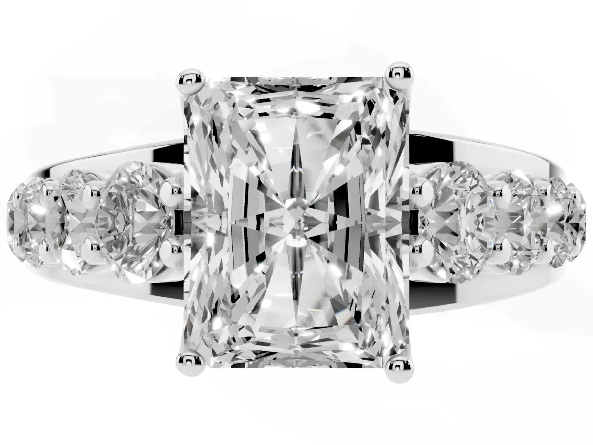 Radiant Cut Diamond Engagement Ring with Pavé Band and Four-Prong Setting Silver