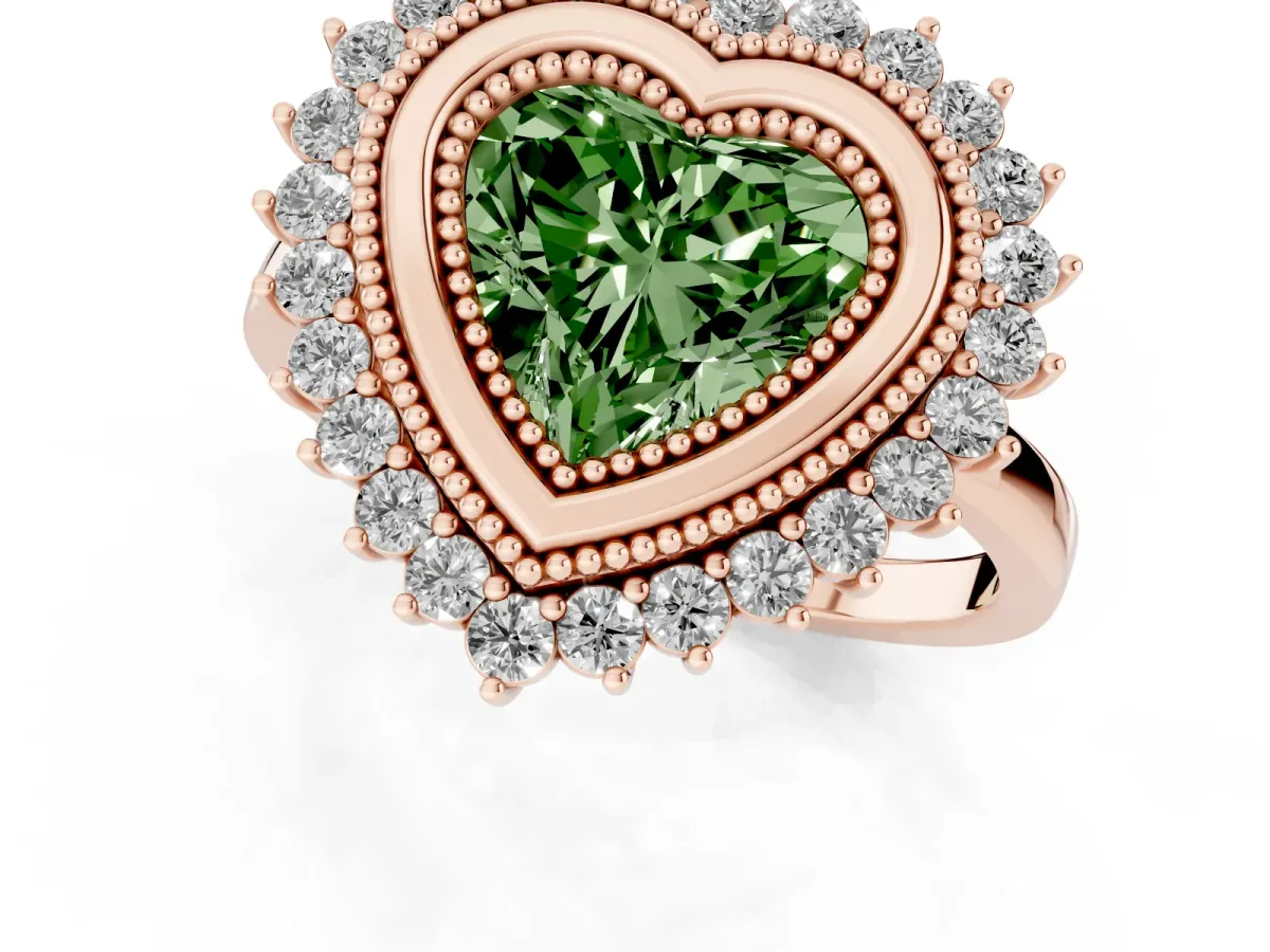 Fancy Green Heart Cut Halo Diamond Ring with Milgrain Edge and Round Prong Setting Rose gold