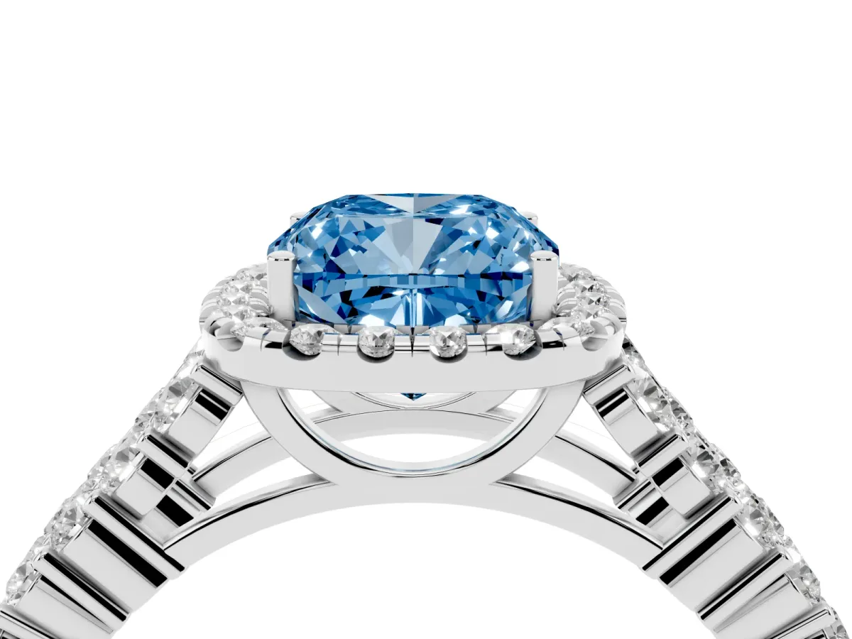 Fancy Blue Cushion Cut Diamond Halo Engagement Ring with Triple Row Round Pavé Band and Prong Setting Silver