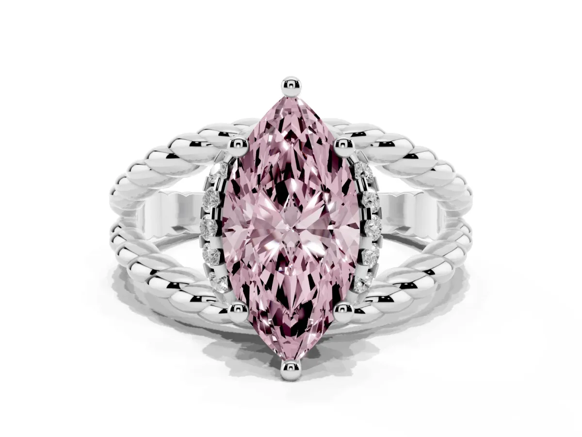 Fancy Pink Marquise Cut Halo Twisted Band Four-Prong Ring Silver