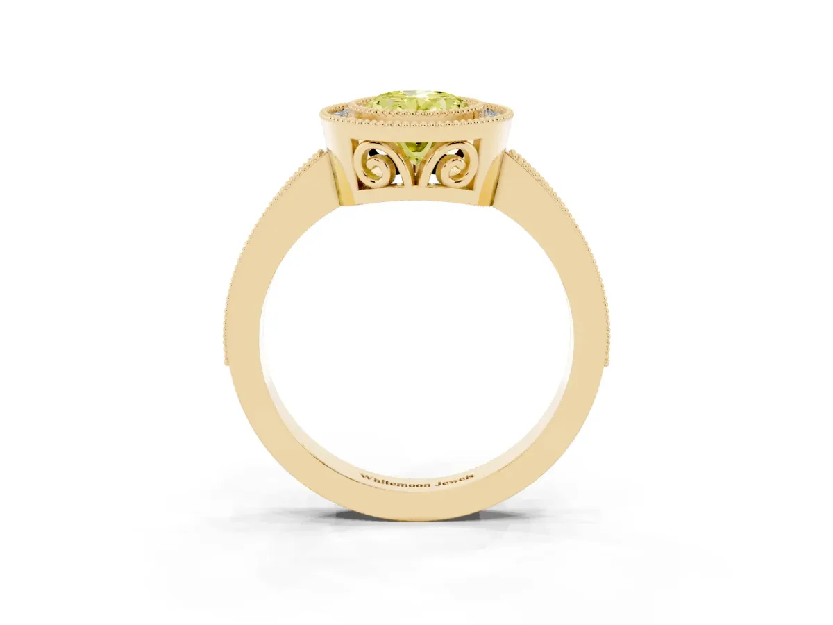 Fancy Yellow Oval Cut Cut Halo Diamond Ring with Pavé Band and Milgrain Prong Setting Yellow gold