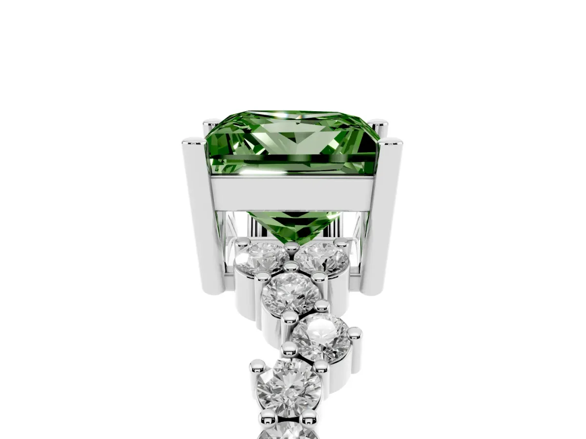 Fancy Green Princess Cut Diamond Scattered Round Accent Ring with Prong Setting Silver