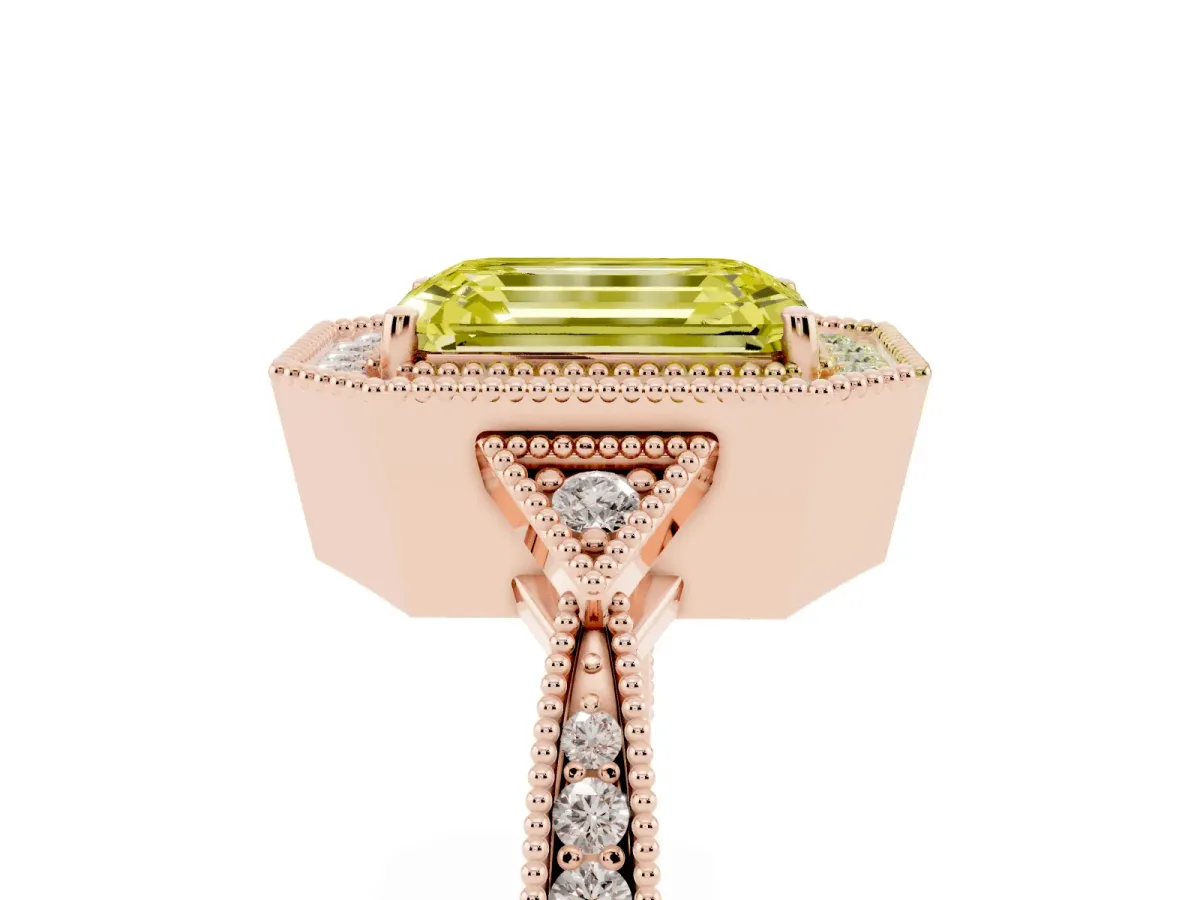 Fancy Yellow Emerald Cut Halo Round Diamond Milgrain Pave Engagement Ring Rose gold