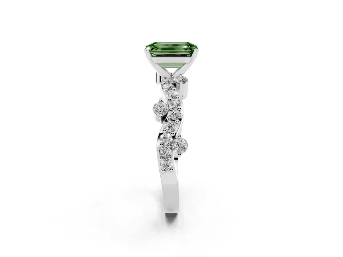 Fancy Green Emerald Cut Cut Solitaire Diamond Twisted Band with Pave Setting Platinum