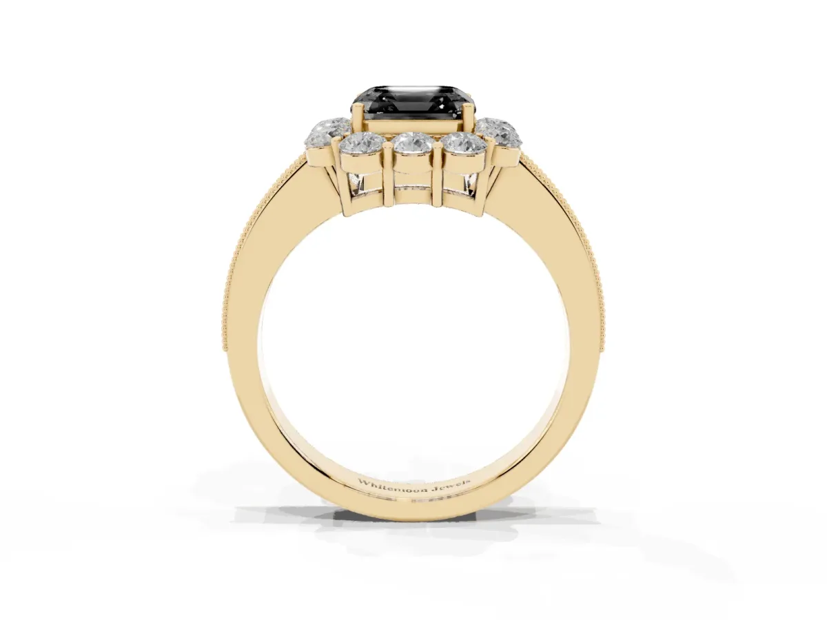 Fancy Black Asscher Cut Cut Halo Diamond Pavé Engagement Ring with Milgrain Detailing Yellow gold