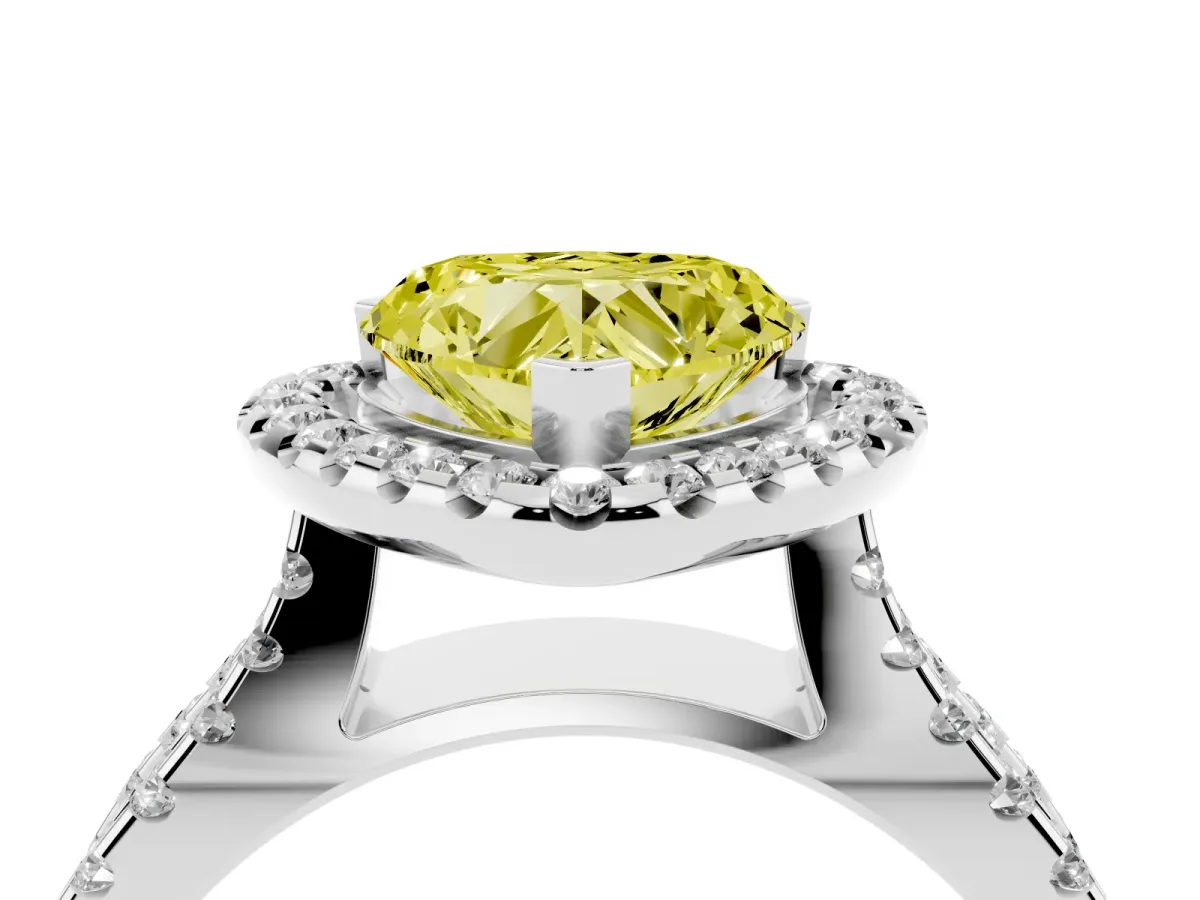 Fancy Yellow Heart Cut Diamond Halo Ring with Split Shank Pavé Band and Prong Setting Silver