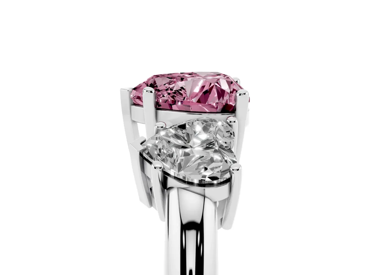 Fancy Pink Three-Stone Heart Cut Cut Diamond Engagement Ring with Prong Setting on a White Gold Band Silver
