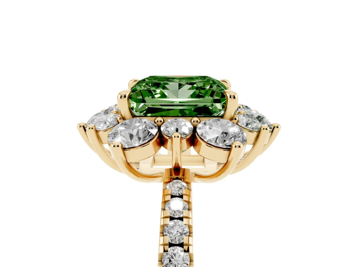 Fancy Green Princess Cut Diamond Floral Halo Ring with Round Pavé Band and Prong Setting Yellow gold