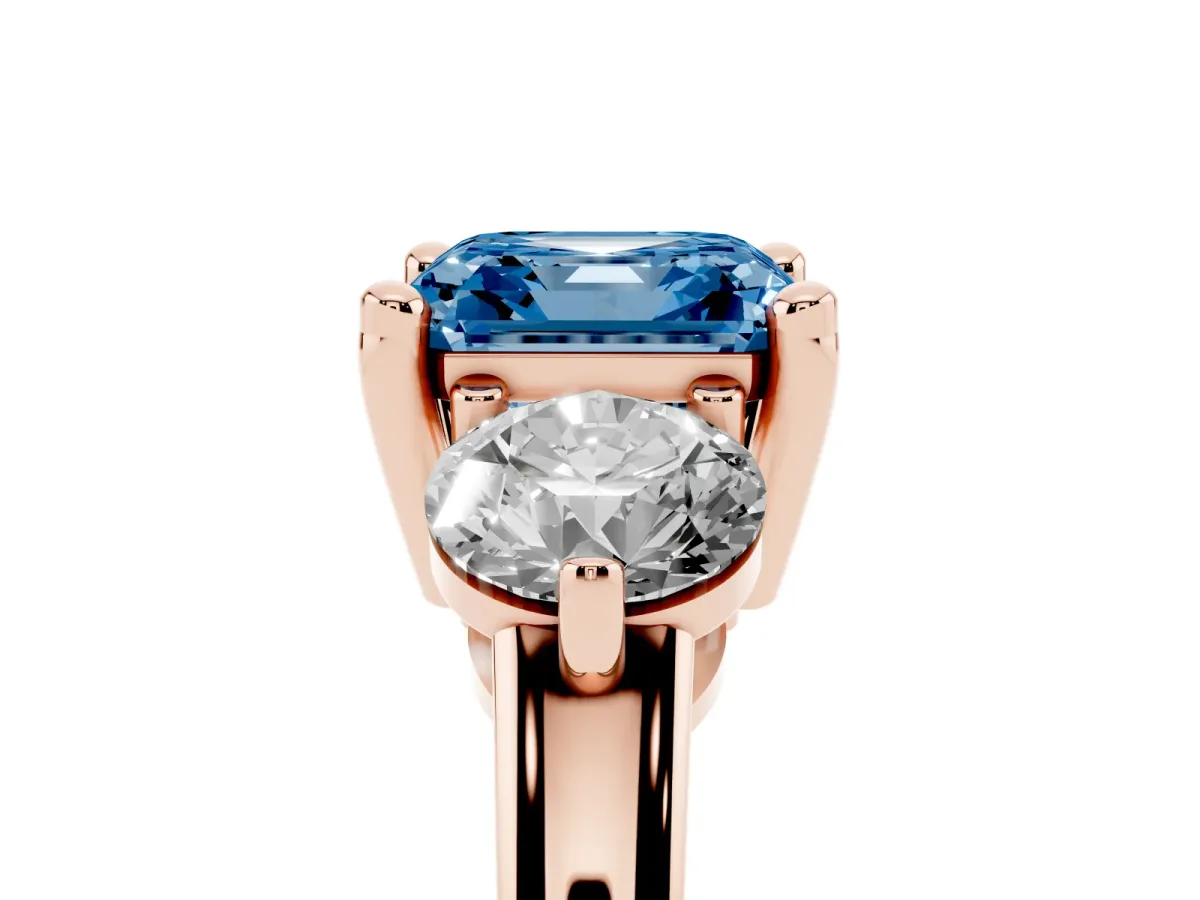 Fancy Blue Three-Stone Asscher Cut Brilliant Cut Solitaire Ring with Prong Setting on a Classic Band Rose gold