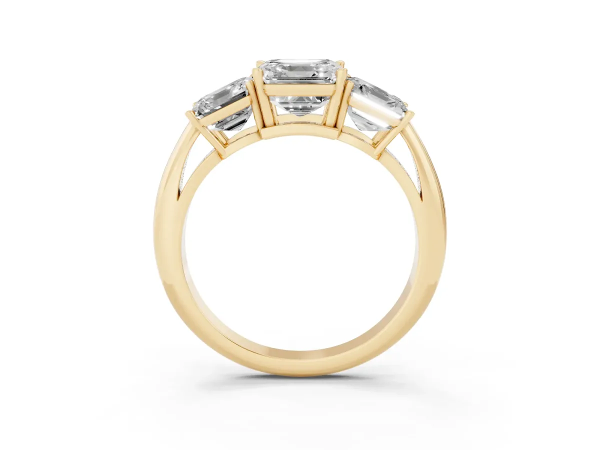 Three-Stone Asscher Cut Cut Diamond Engagement Ring with Prong Setting on a White Gold Band Yellow gold
