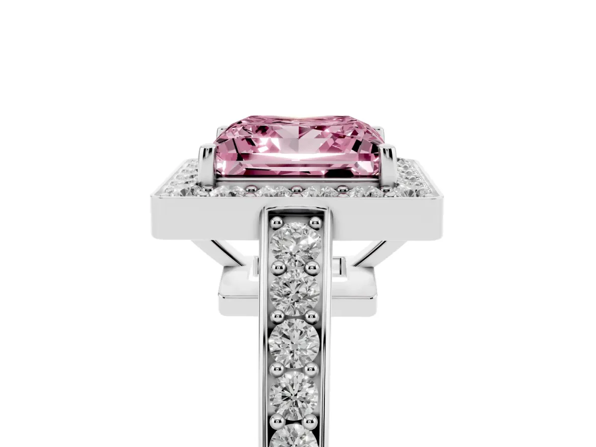 Fancy Pink Princess Cut Halo Pavé Diamond Engagement Ring with Bezel Setting Silver