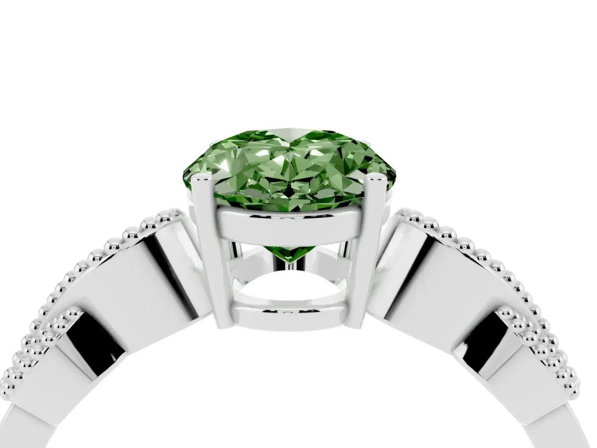 Fancy Green Oval Cut Solitaire Milgrain Leaf Band with Prong Setting Silver