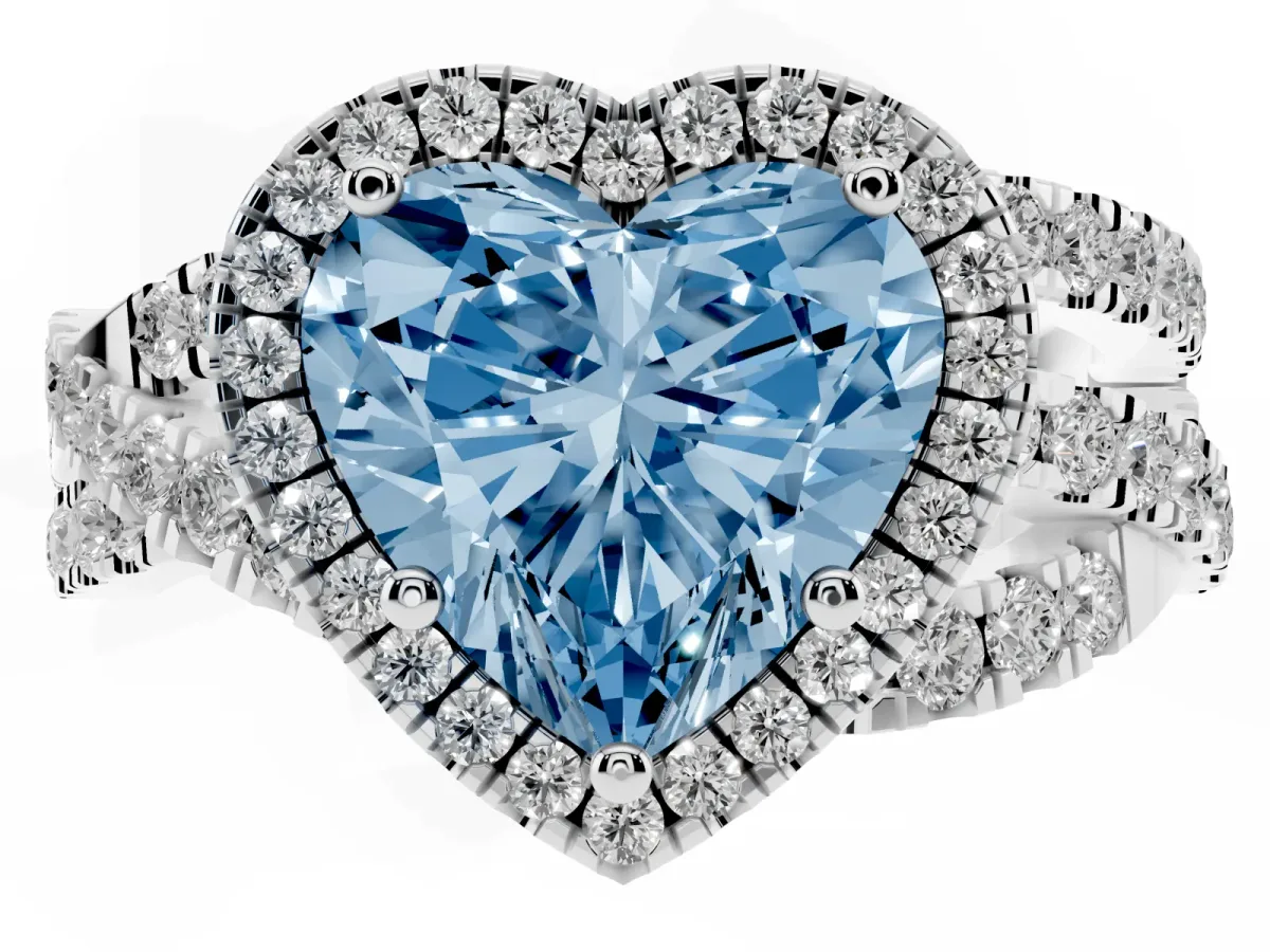 Fancy Blue Heart Cut Diamond Halo Ring with Round Split Shank and Prong Setting Silver