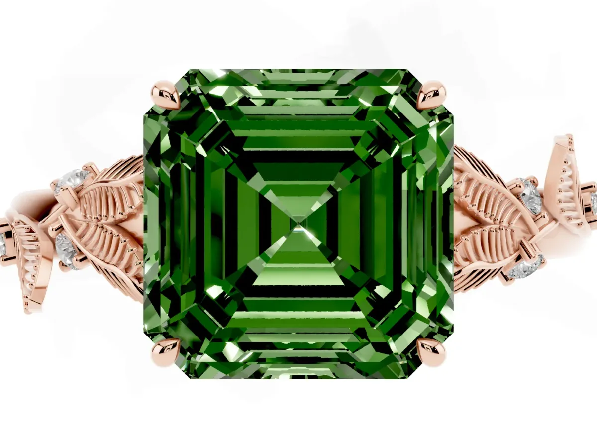 Fancy Green Asscher Cut Diamond Solitaire Ring with Leaf Motif Band and Four-Prong Setting Rose gold