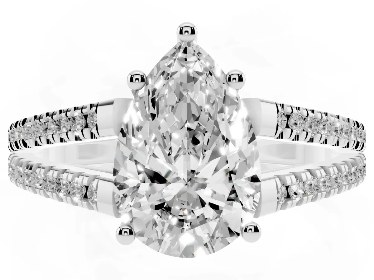 Pear Cut Diamond Solitaire Engagement Ring with Split Shank Pavé Band Silver