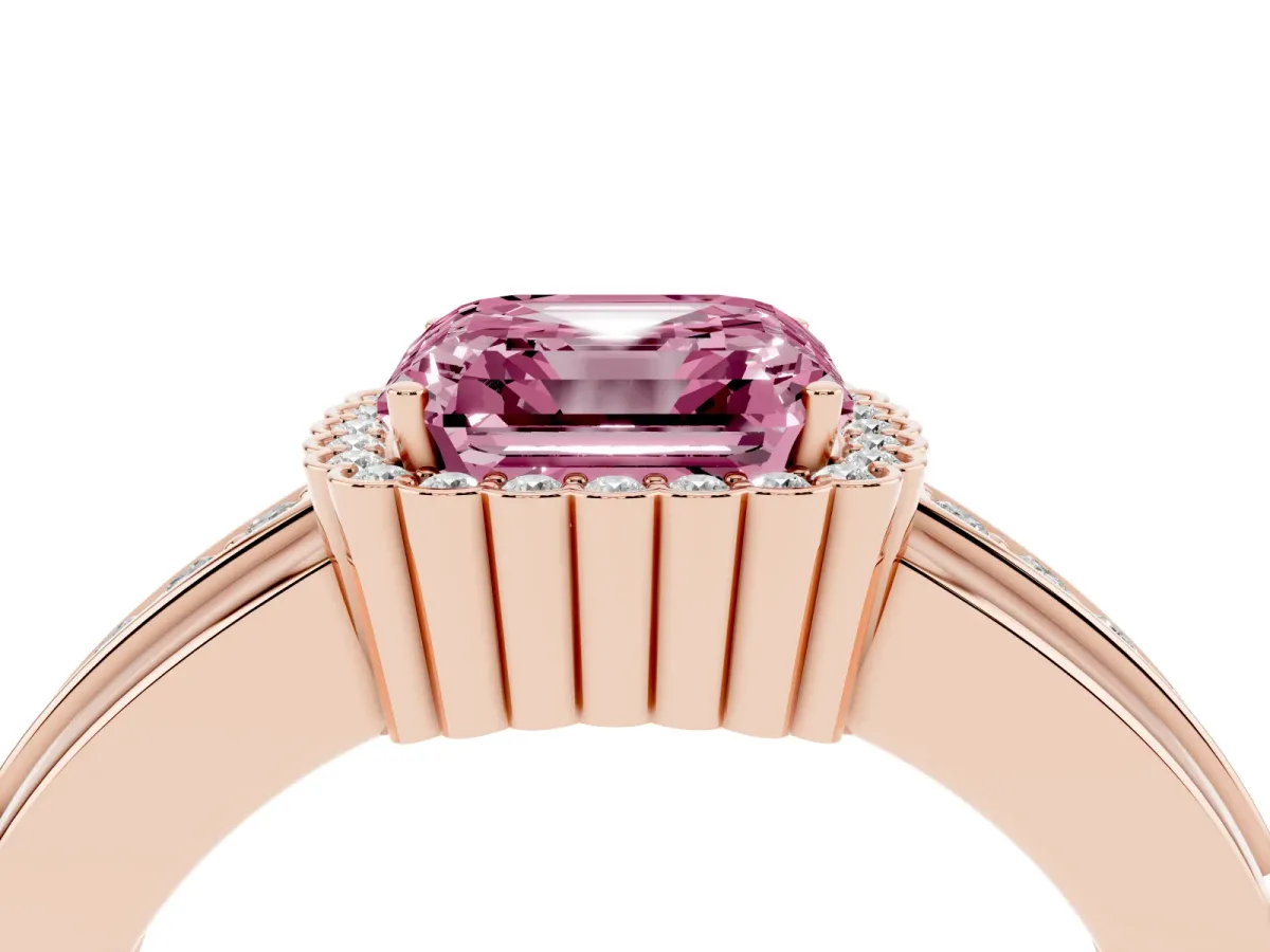 Fancy Pink Asscher Cut Cut Halo Pave Band Four-Prong Ring Rose gold