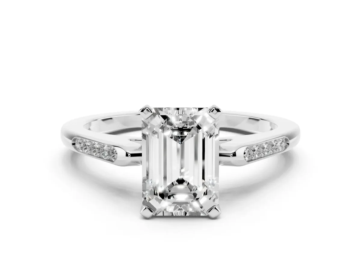 Emerald Cut Diamond Solitaire Ring with Channel Set Round Band and Prong Setting White gold