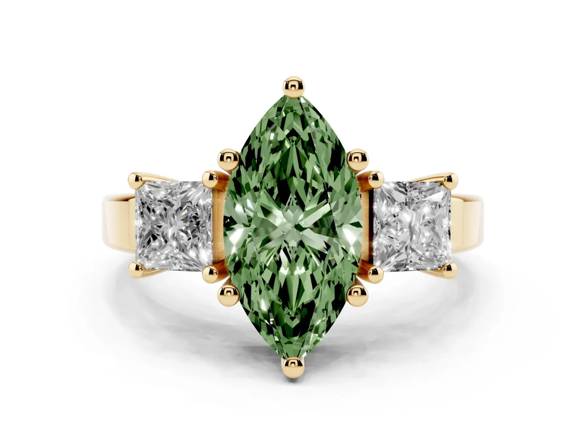 Fancy Green Three-Stone Marquise Cut Cut Solitaire Ring with Prong Setting Yellow gold