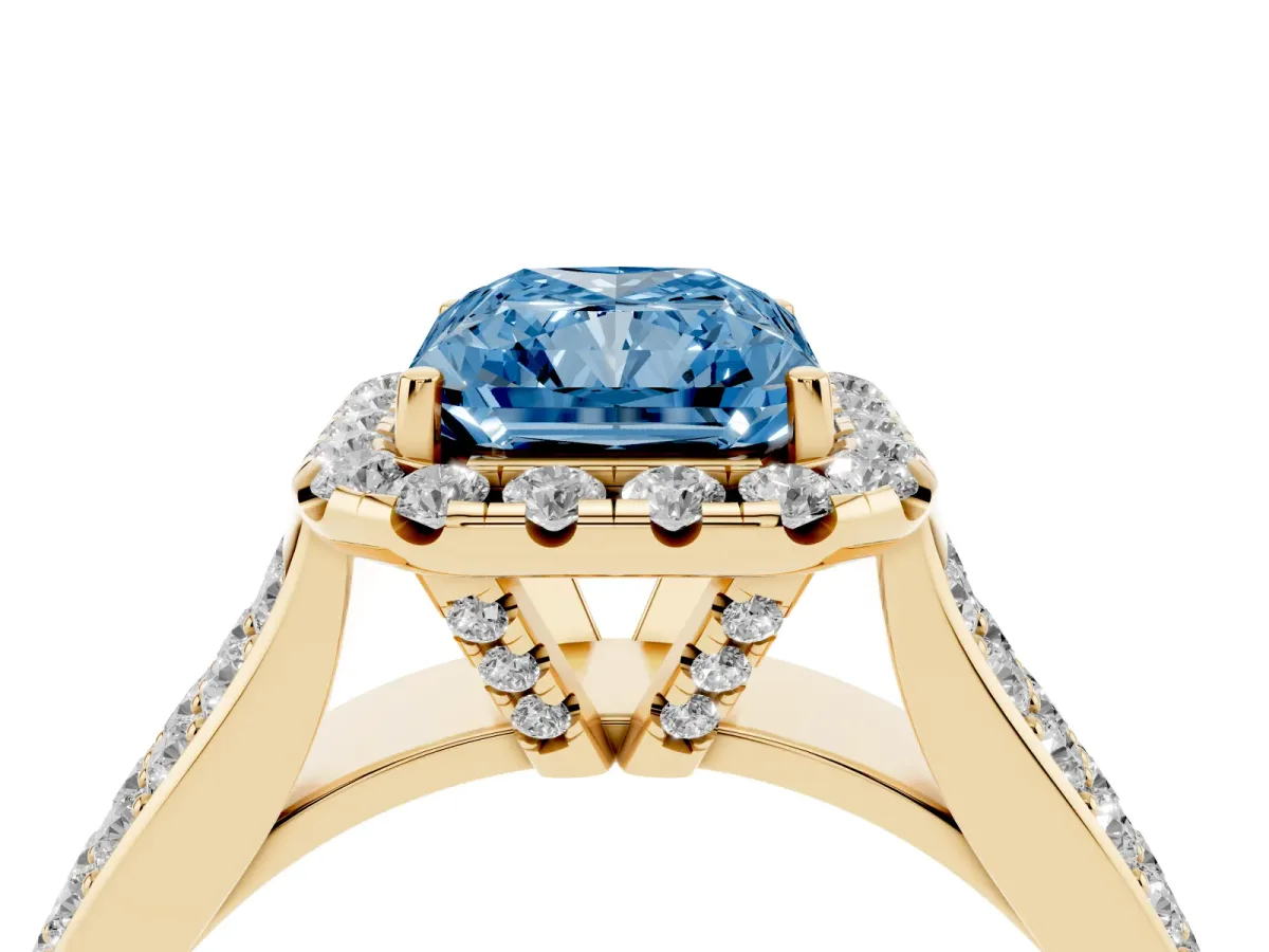 Fancy Blue Radiant Cut Halo Round Diamond Pave Band with Prong Setting Yellow gold