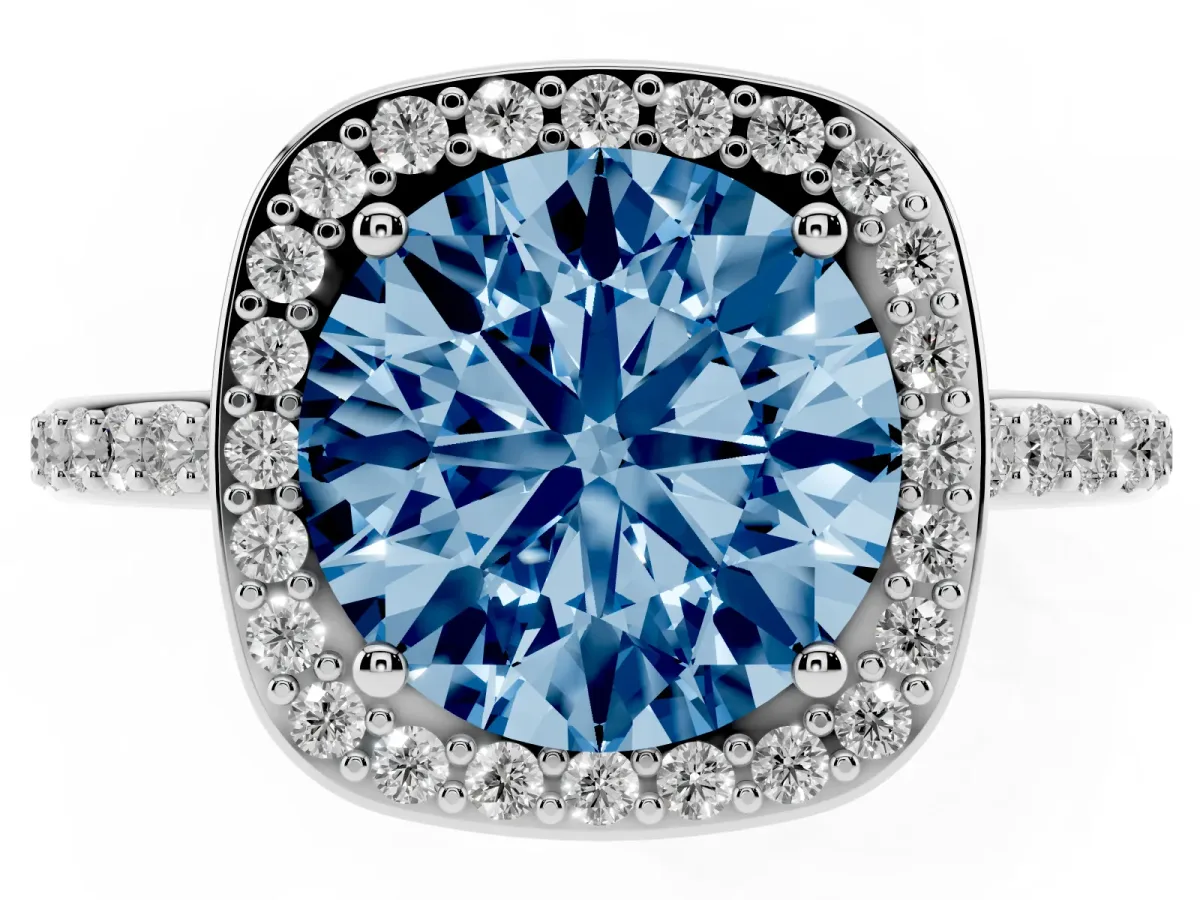 Fancy Blue Round Cut Diamond Halo Engagement Ring with Round Pavé Shoulders and Prong Setting Platinum