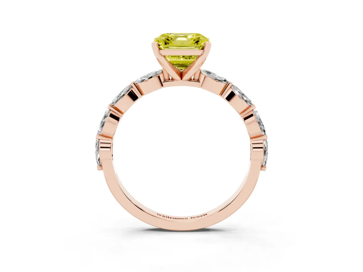 Fancy Yellow Asscher Cut Diamond Ring with Marquise Side Stones and Prong Setting Rose gold