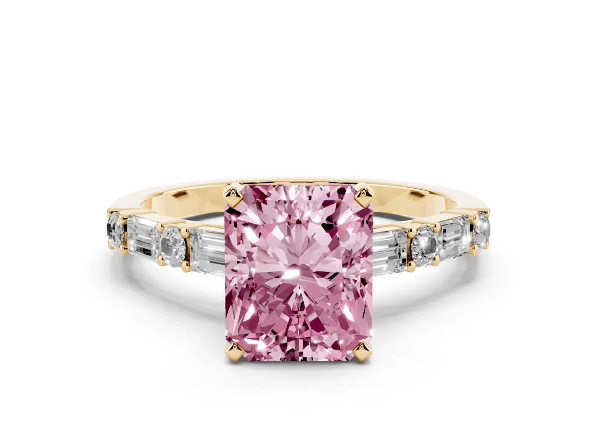 Fancy Pink Radiant Cut Diamond Solitaire with Side Baguettes and Channel Set Band Yellow gold