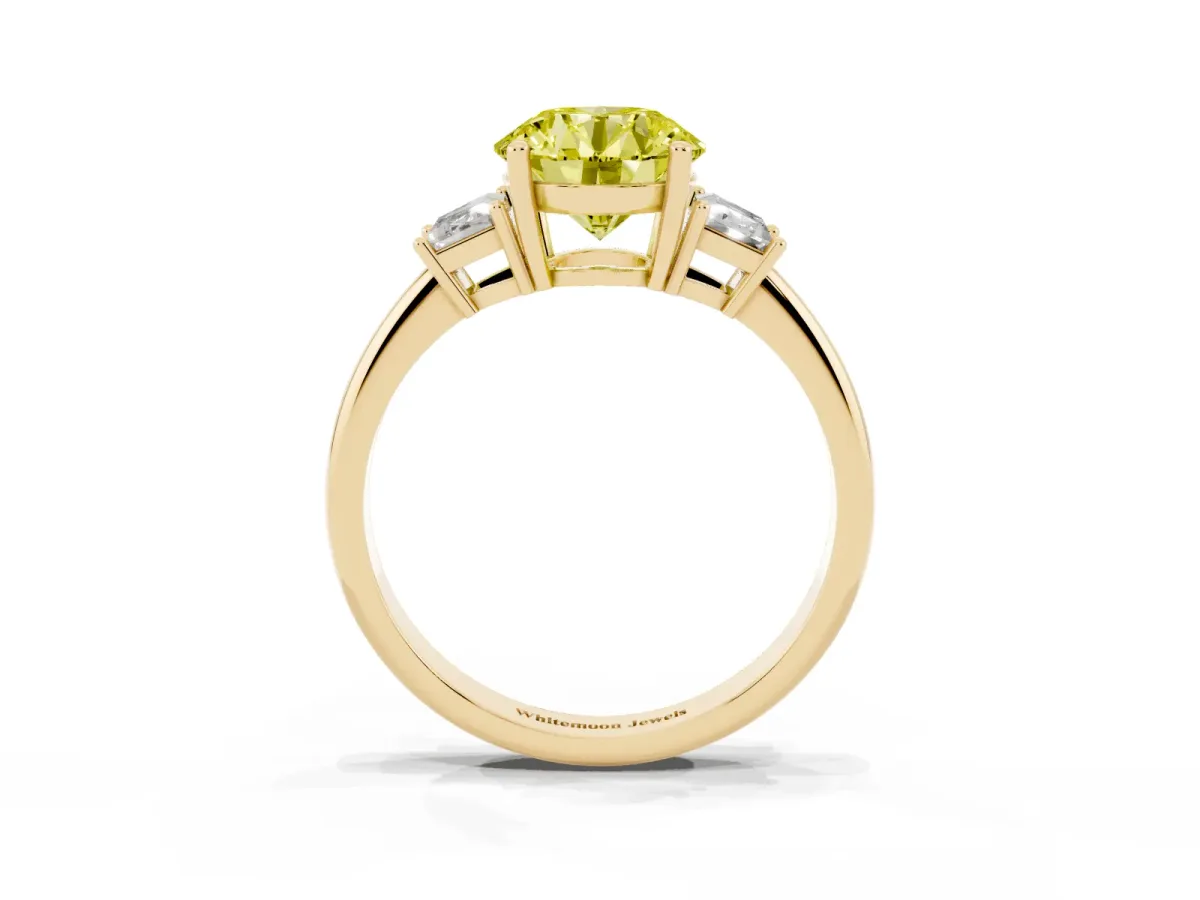 Fancy Yellow Round Cut Diamond Three-Stone Ring with Trapezoid Side Stones and Prong Setting Yellow gold