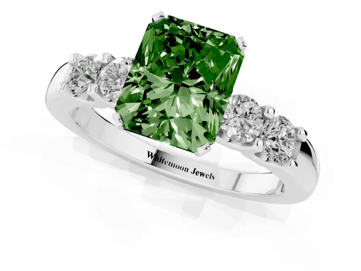Fancy Green Radiant Cut Brilliant Cut Diamond Five-Stone Prong Set Engagement Ring with Channel Band Platinum
