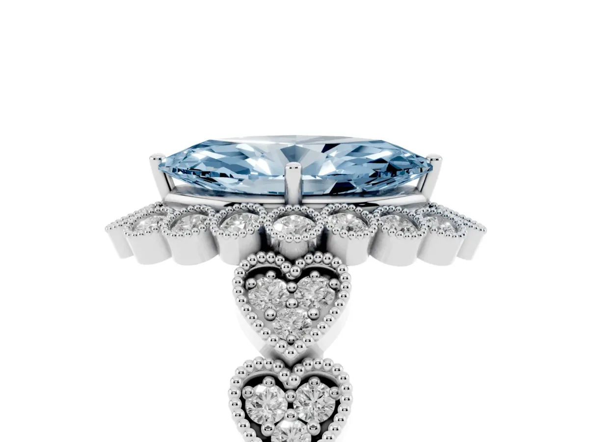 Fancy Blue Marquise Cut Brilliant Milgrain Pave Heart Band Solitaire Ring Silver