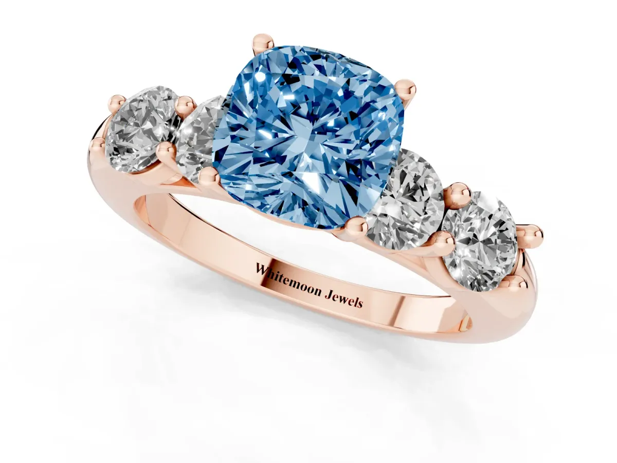 Fancy Blue Cushion Cut Cut Five-Stone Prong Set Diamond Ring with Classic Band Rose gold