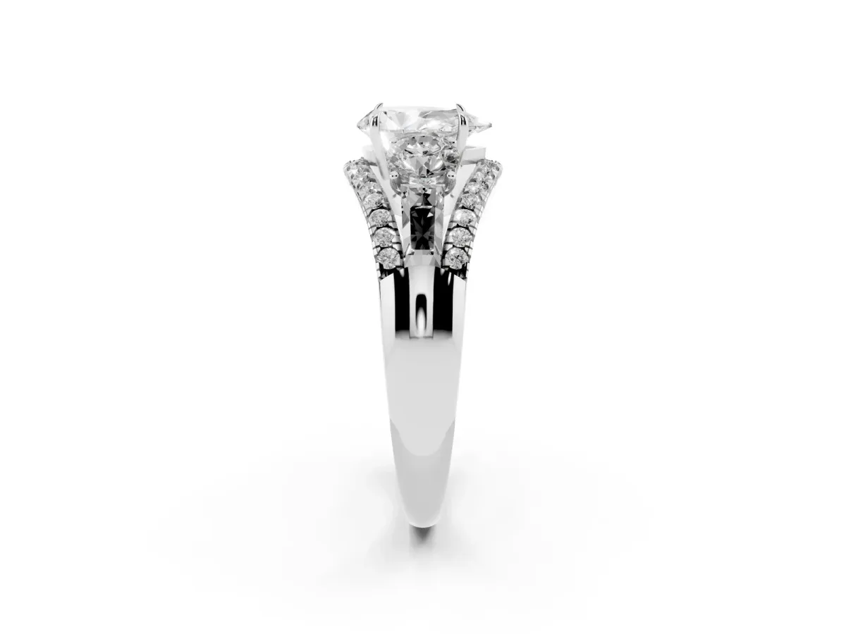 Three-Stone Pear Cut Diamond Engagement Ring with Pave Band and Prong Setting Silver