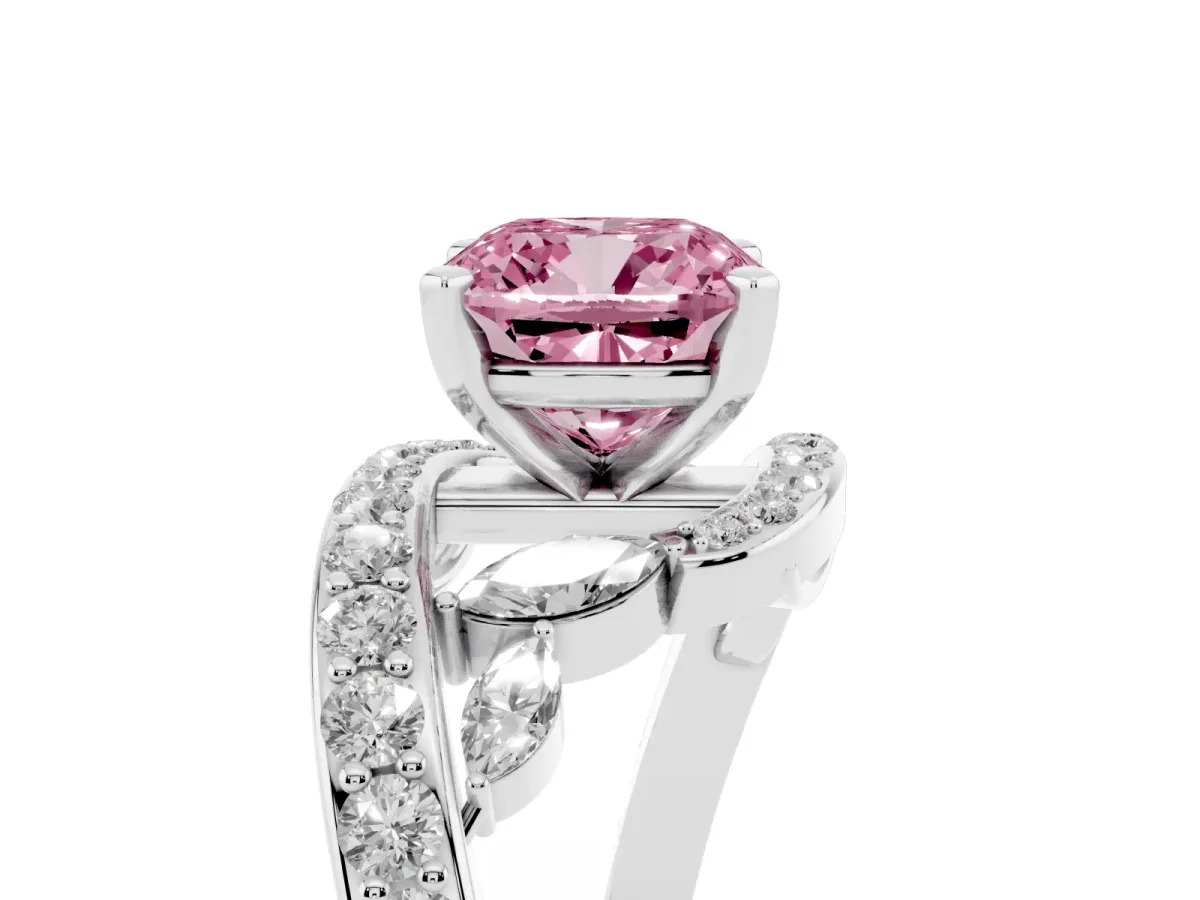 Fancy Pink Cushion Cut Solitaire with Pavé Twist Band and Four-Prong Setting Platinum