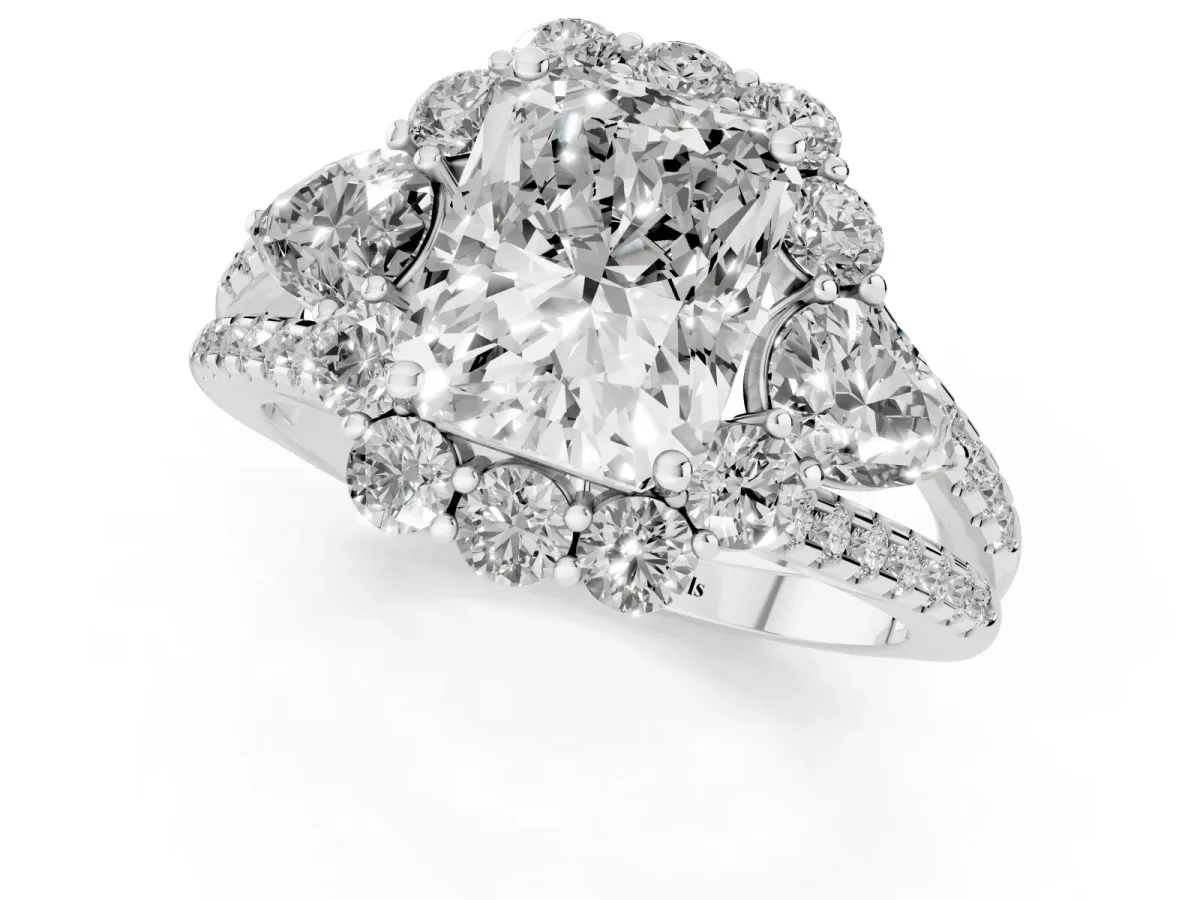 Radiant Cut Halo Split Shank Diamond Engagement Ring with Prong Setting Silver