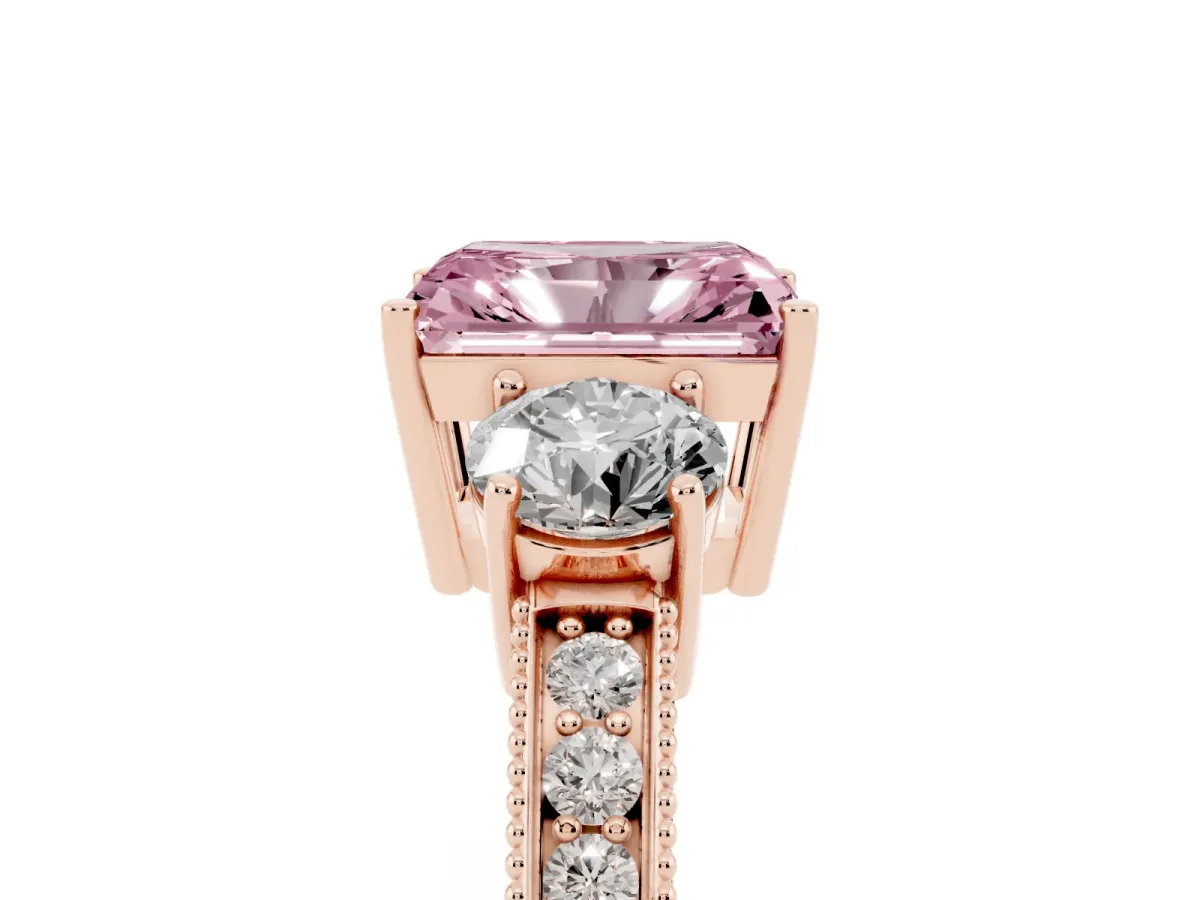 Fancy Pink Radiant Cut Three-Stone Diamond Ring with Pavé Band and Four-Prong Setting Rose gold