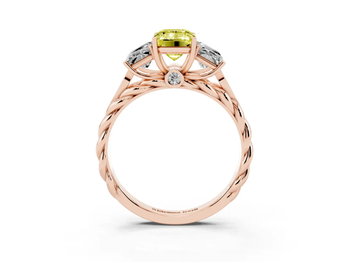 Fancy Yellow Three-Stone Radiant Cut Diamond Braided Band Ring with Four-Prong Setting Rose gold