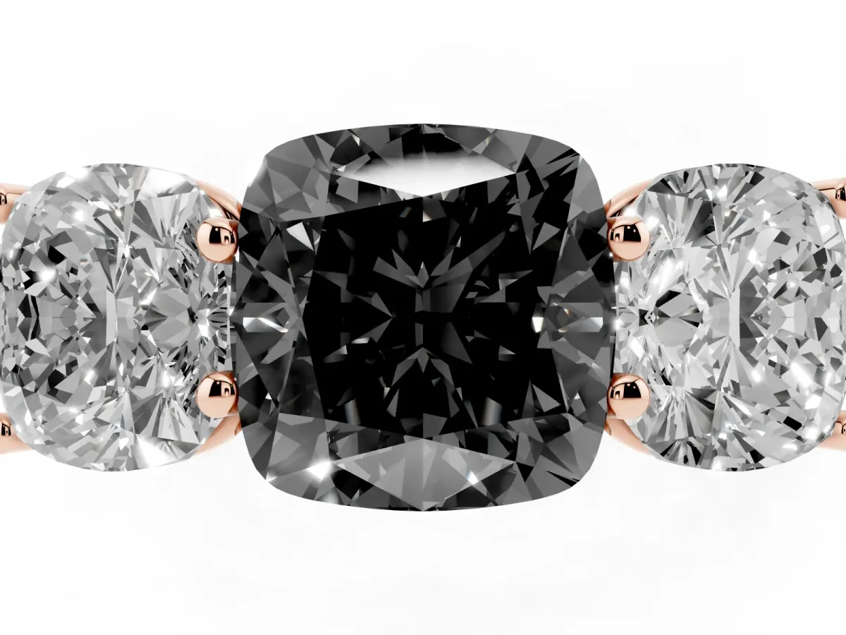 Fancy Black Cushion Cut Three-Stone Diamond Ring with Prong Setting on a Classic Band Rose gold