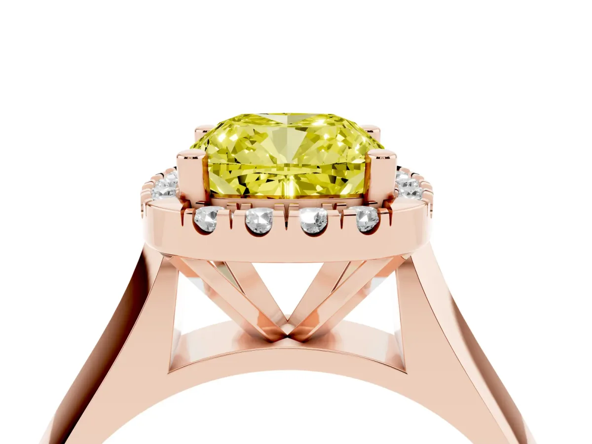 Fancy Yellow Cushion Cut Cut Halo Solitaire Engagement Ring with Square Band and Four-Prong Setting Rose gold