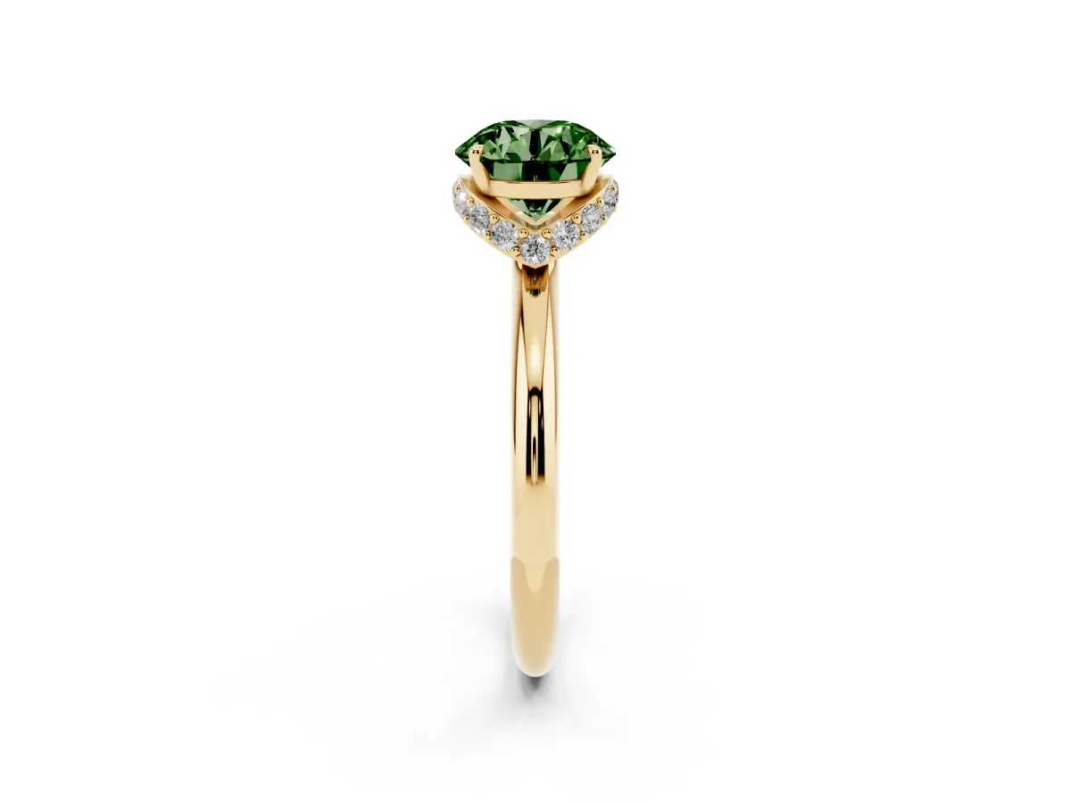 Fancy Green Round Cut Brilliant Solitaire Engagement Ring with Six-Prong Setting and Classic Band Yellow gold