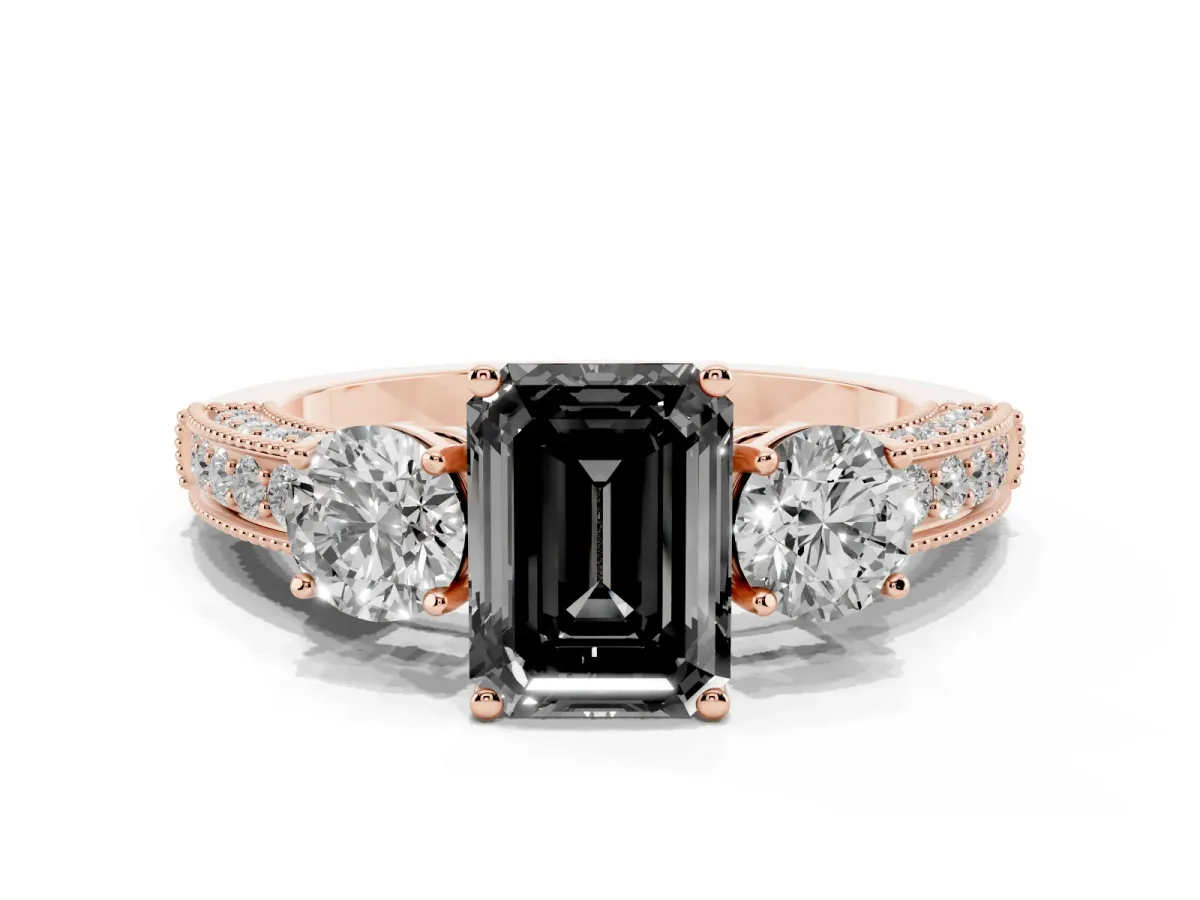 Fancy Black Emerald Cut Three-Stone Diamond Ring with Pavé Band and Four-Prong Setting Rose gold