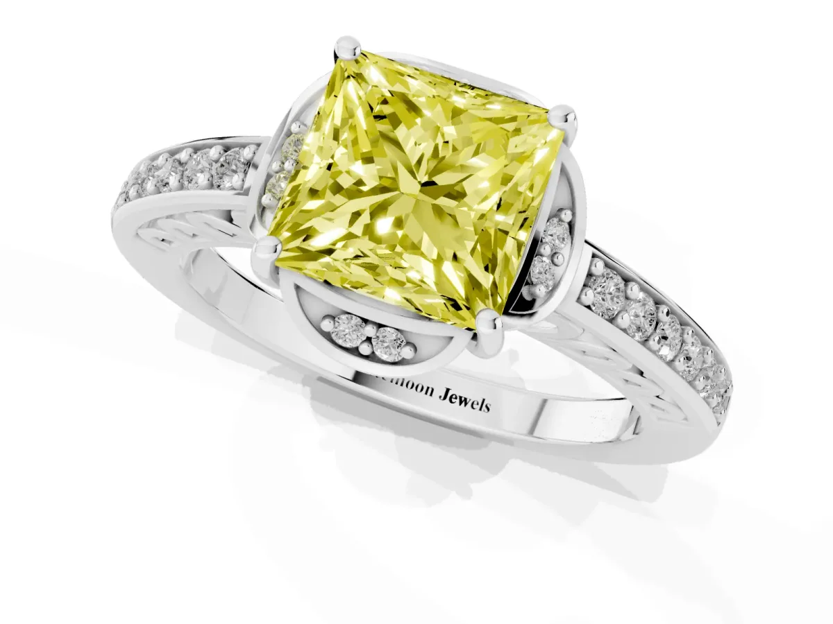 Fancy Yellow Princess Cut Cut Halo Diamond Ring with Channel Set Band and Four-Prong Setting White gold