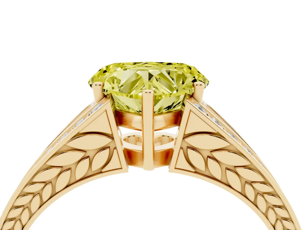 Fancy Yellow Heart Cut Diamond Split Shank Ring with Pavé Band and Four-Prong Setting Yellow gold