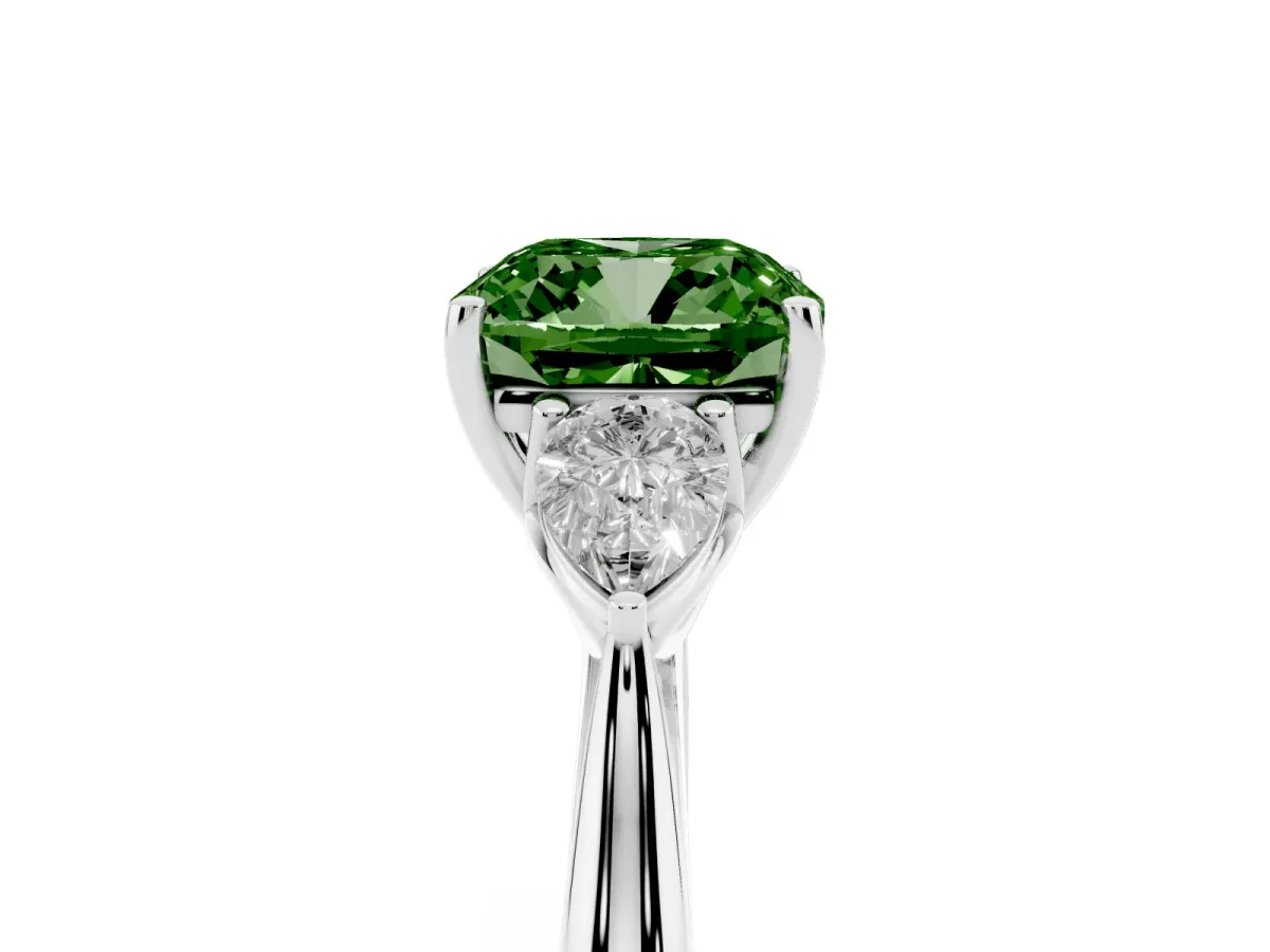 Fancy Green Cushion Cut Diamond Three-Stone Ring with Pear Side Stones and Prong Setting Silver