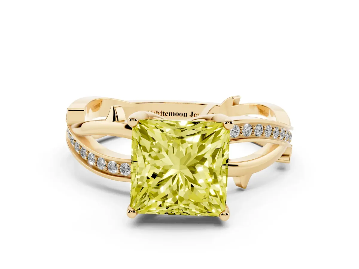 Fancy Yellow Princess Cut Solitaire Twist Band with Pavé Accents and Four-Prong Setting Yellow gold