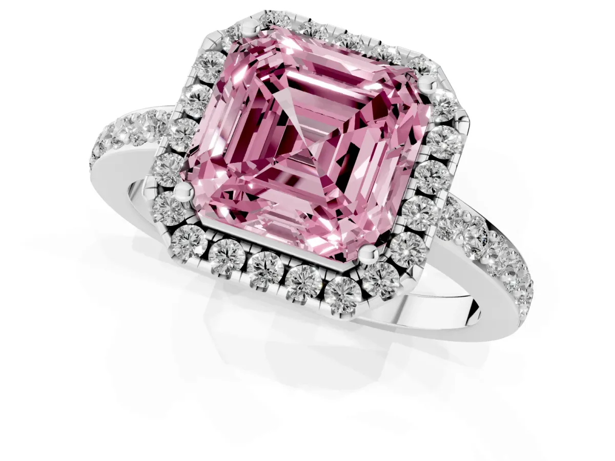 Fancy Pink Asscher Cut Halo Diamond Pavé Band Ring with Prong Setting Silver