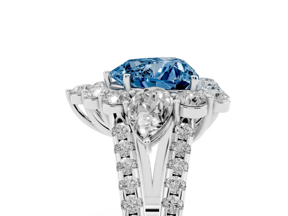 Fancy Blue Heart Cut Halo Split Shank Diamond Engagement Ring with Prong Setting Silver